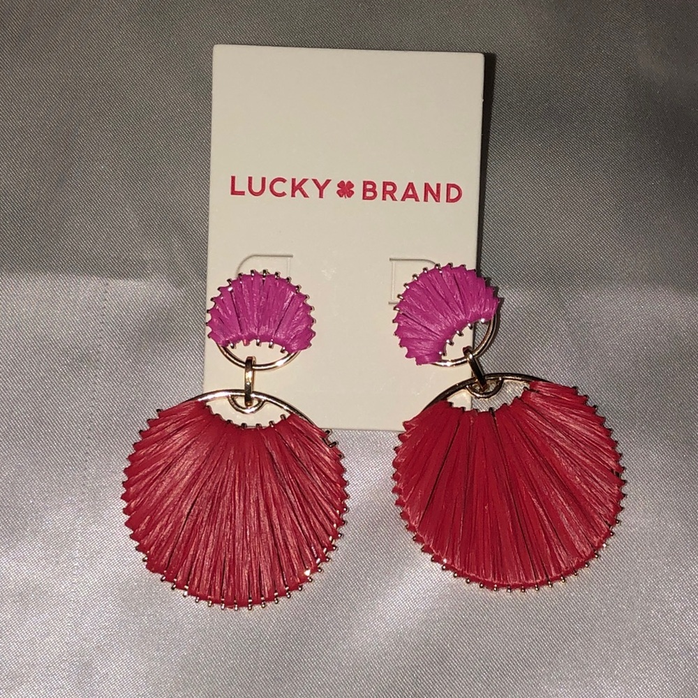 Lucky Brand Gold Tone Pink & Red Raffia Double Drop Earrings NWT